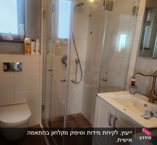 מקלחון זכוכית עם כיור וברז זהב בחדר אמבטיה